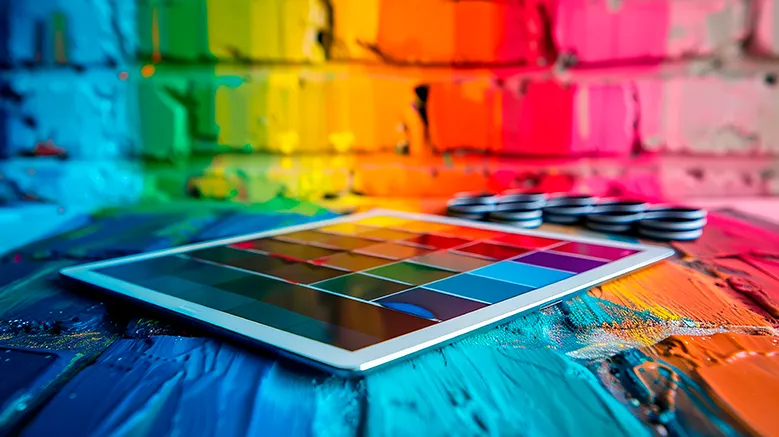 farbenfrohe Umgebung mit Tablet mit Farbe-Auswahl